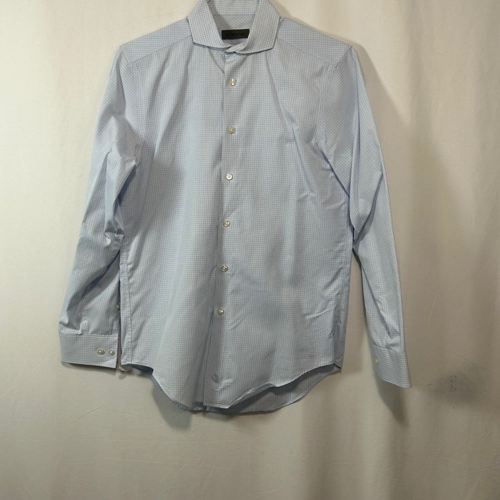 Mens Dress Shirt Slim‎ Fit 15 1/2 32-33 Blue White Checkered Non Iron Two-Ply